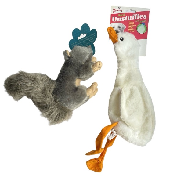 NEW 2 Dog Toys Plush Squeaky Squirrel Unstuffies Crinkle Goose - Picture 12 of 12